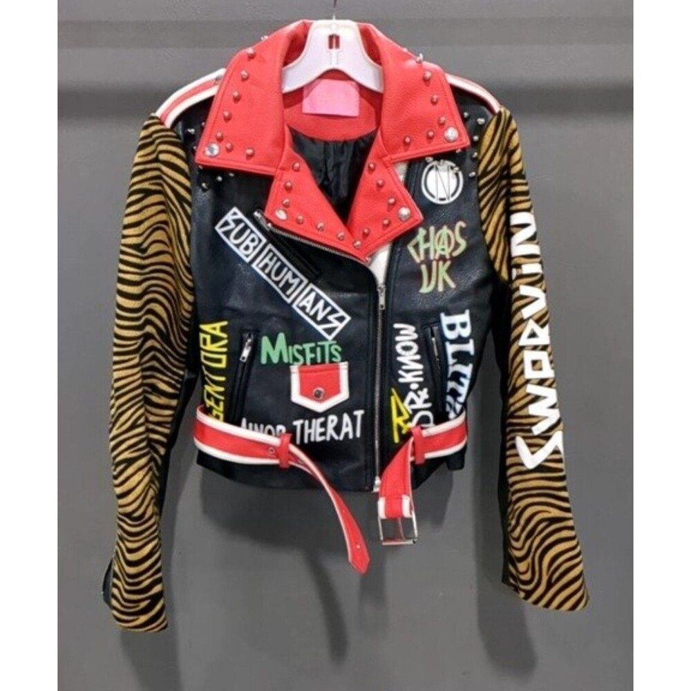 Azalea Wang Faux Leather Studded Graffiti Women's Moto Jacket Size Small